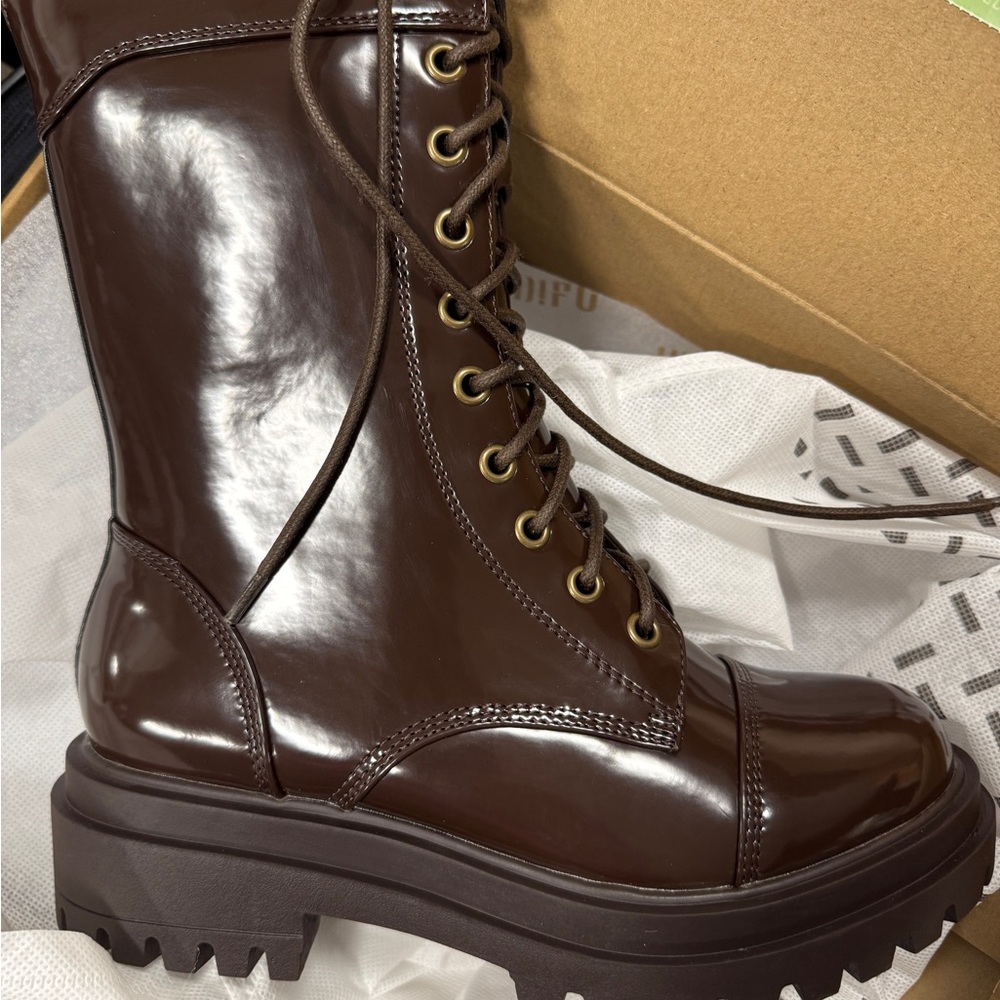 IDIFU Glossy Chocolate Combat Boots